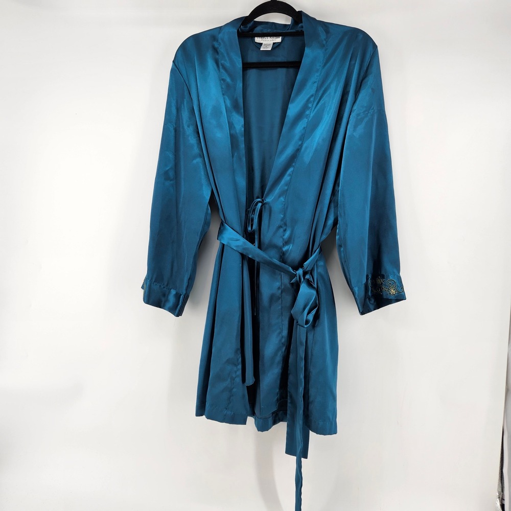 Morgan Taylor Intimates Teal Blue Satin‎ Robe Short Wrap Belted Small Bridal